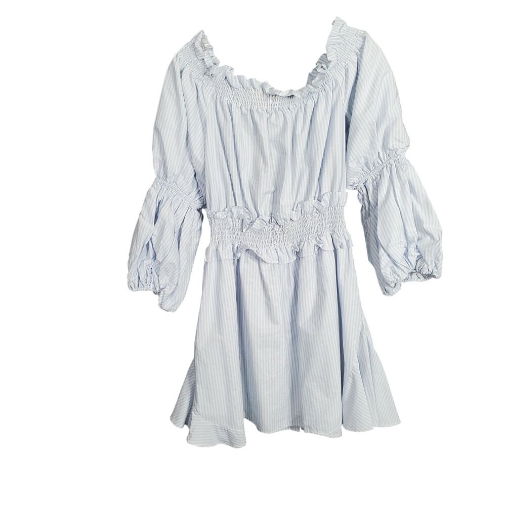 Gianni Bini Size L Dress Off Shoulder Puff Sleeve Coastal Stripe Country Cottage - Picture 3 of 12